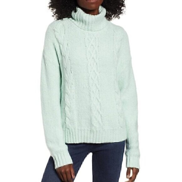 BP NORDSTROM Cozy Cable Knit Turtleneck Sweater Mint Green Chunky Knit Winter L - Picture 1 of 13